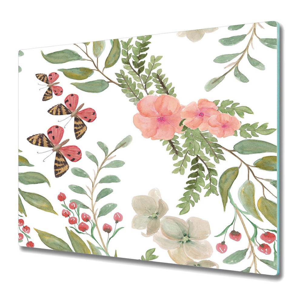 Glass Chopping Cutting Board Spring flowers with butterfly pastel and white
