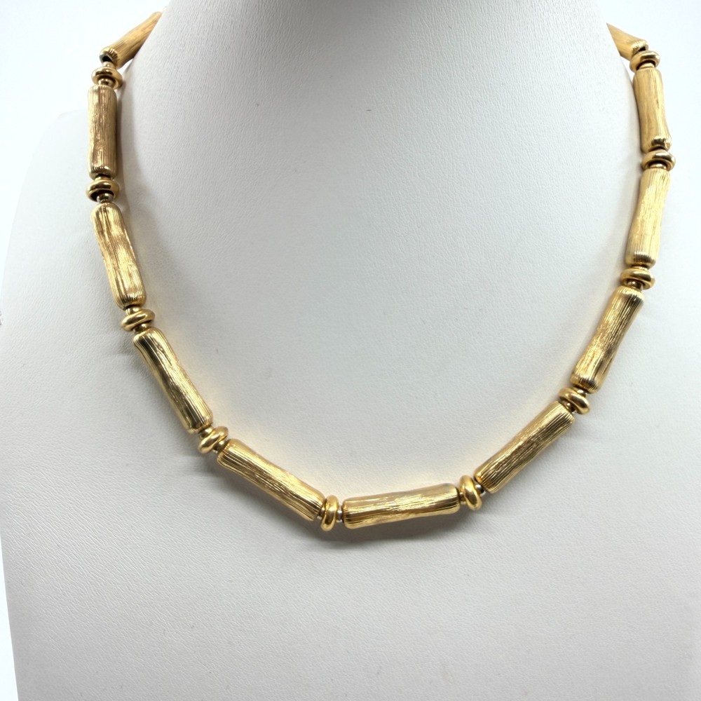 Vintage Gold Tone Textured Bar Link Collar Necklace Retro Choker Spring Ring