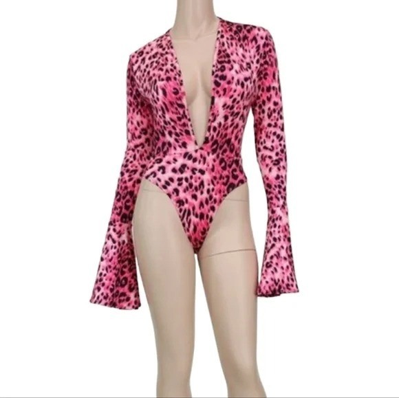 Long Flare Sleeve Animal Print Bodysuit Stretch Deep V-Neck Pink NWOT S M L