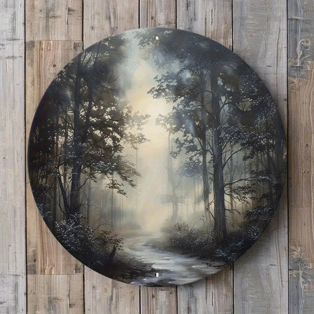 Round Misty Forest Aluminum Wall Art Weatherproof Decor
