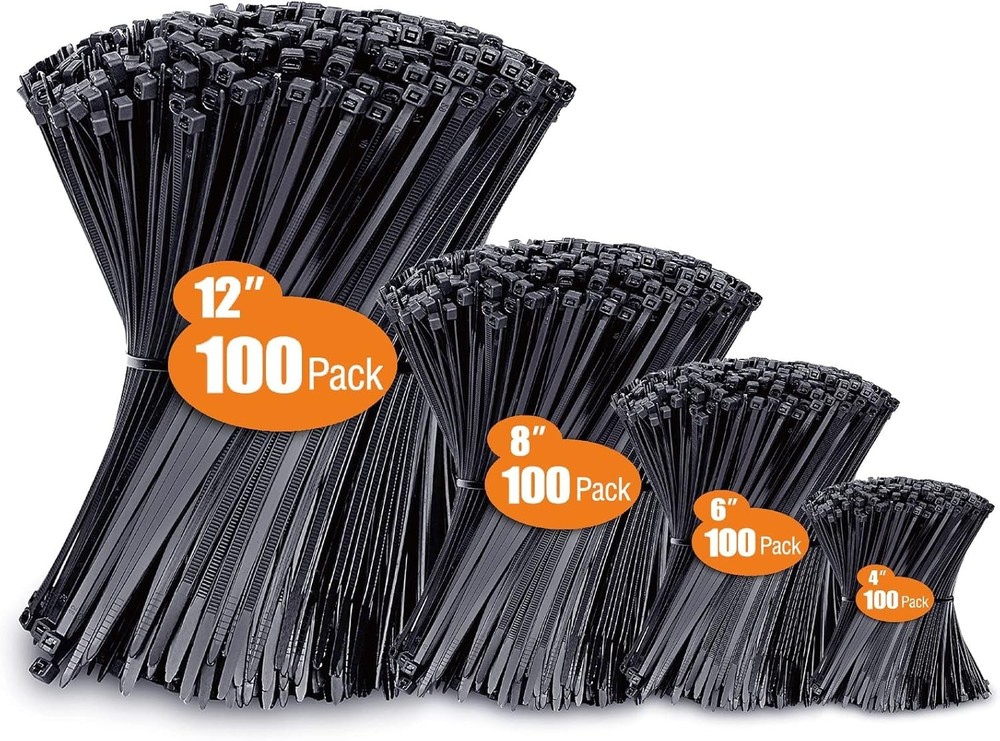 Zip Cable Ties Assorted Sizes(4”+6”+8”+12”) Heavy duty Nylon Black UV Resistant