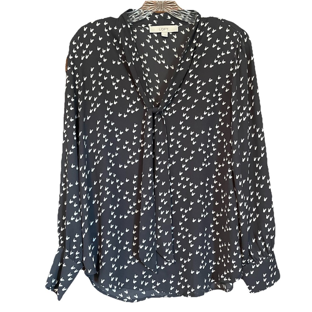 Loft Blouse Top Size Small Hen Chicken Slate Blue-Grey Tie Neck Bow Flowy Farm