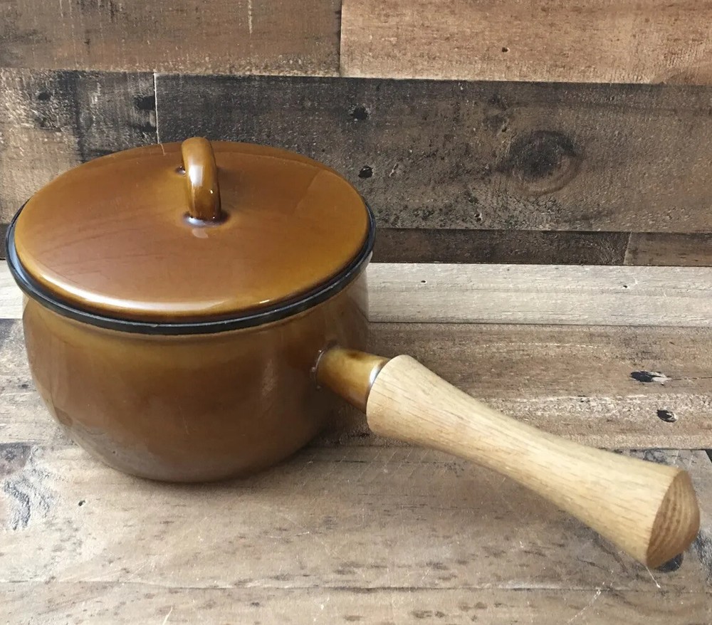 Vintage 1 Quart Brown Saucepan with Lid & Wooden Handle - Made in Holland