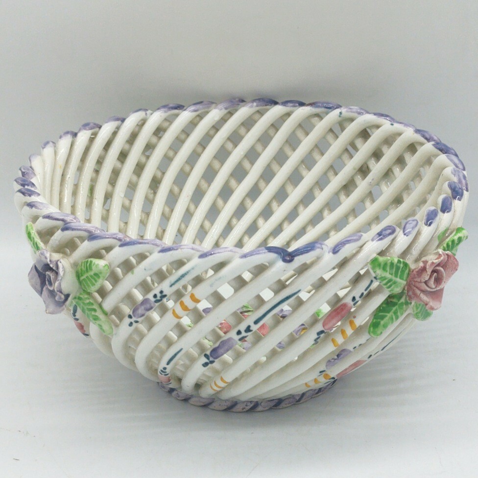 Vintage Ceramic Lattice Woven Bowl Made In Spain Floral Roses Rope