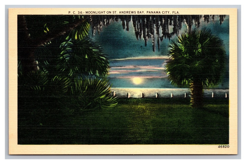 Panama City FL Florida Moonlight on St. Andrews Bay PC-34 Linen Postcard