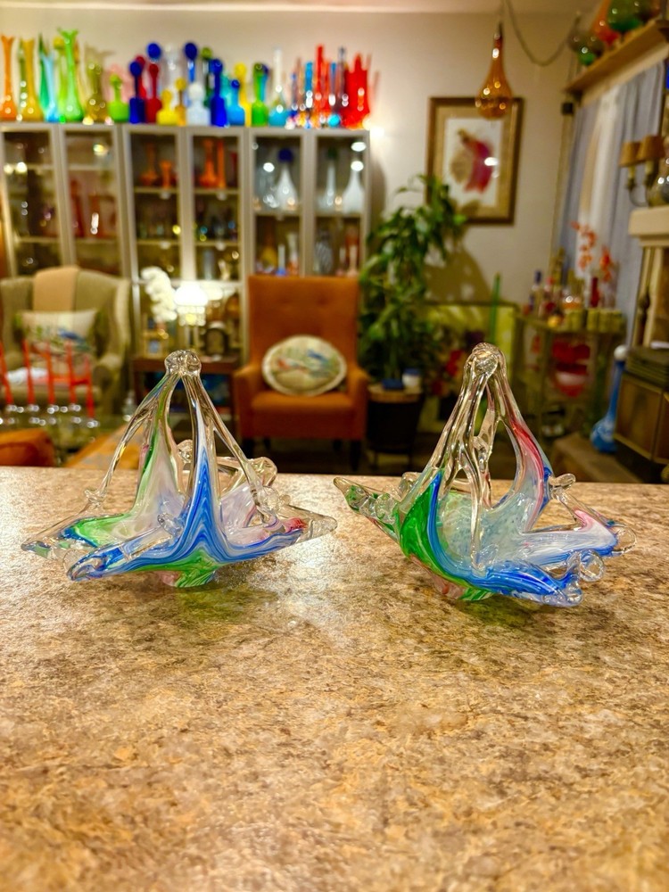 2 Vtg Murano Hand Blown Art Glass Swan Candy Trinket Bowl Dish Pink Green Blue