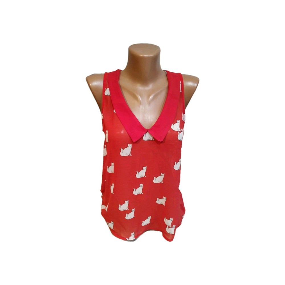 Zara  Trafaluc Collection,women's blouse size S,  Red White, Black,Cats