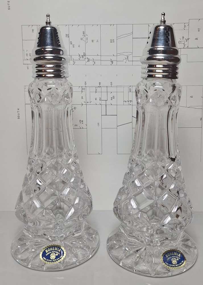Pair Vintage Bohemia Cut Crystal Salt, Pepper, Sugar Shakers  Silver Topped 7.5