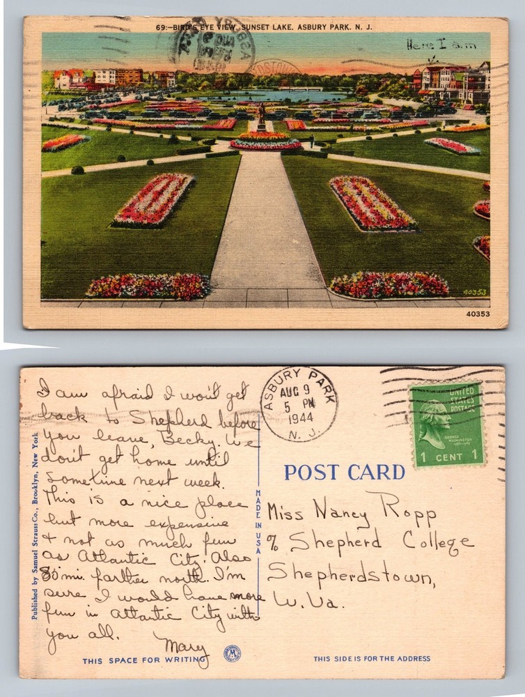 Asbury Park, NJ-New Jersey, Sunset Lake Gardens Bird's Eye Post Vintage Postcard