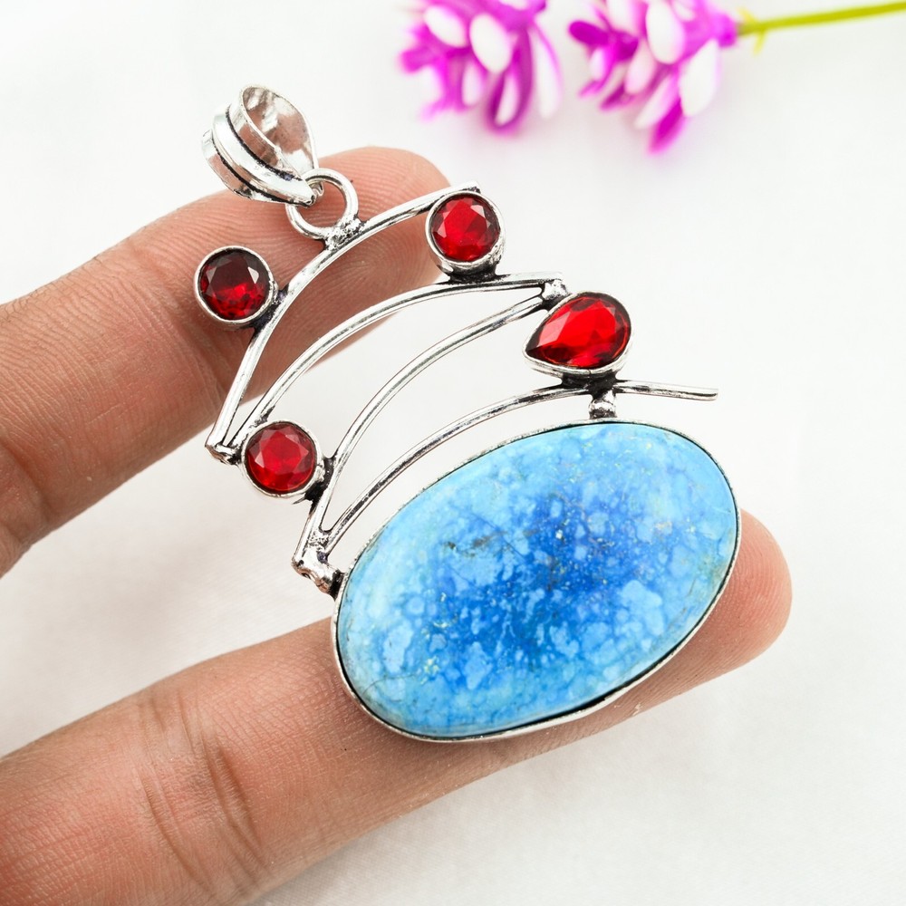 Shattuckite, Red Garnet Pendant Gemstone Handcrafted 925 Sterling Silver Jewelry