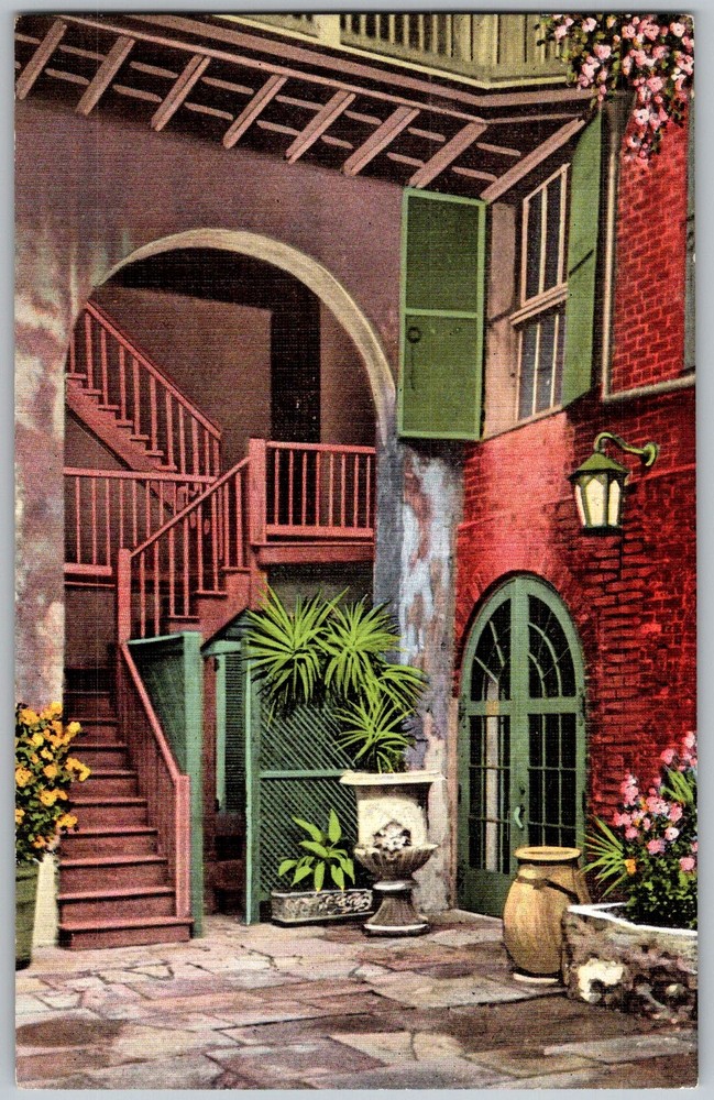 Vtg Linen Postcard Brulatour Courtyard Stairway New Orleans, LA 1930s