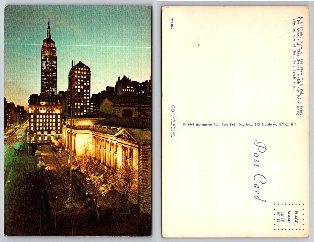 1967 NYC Empire State Building & Public Library Night View Postcard