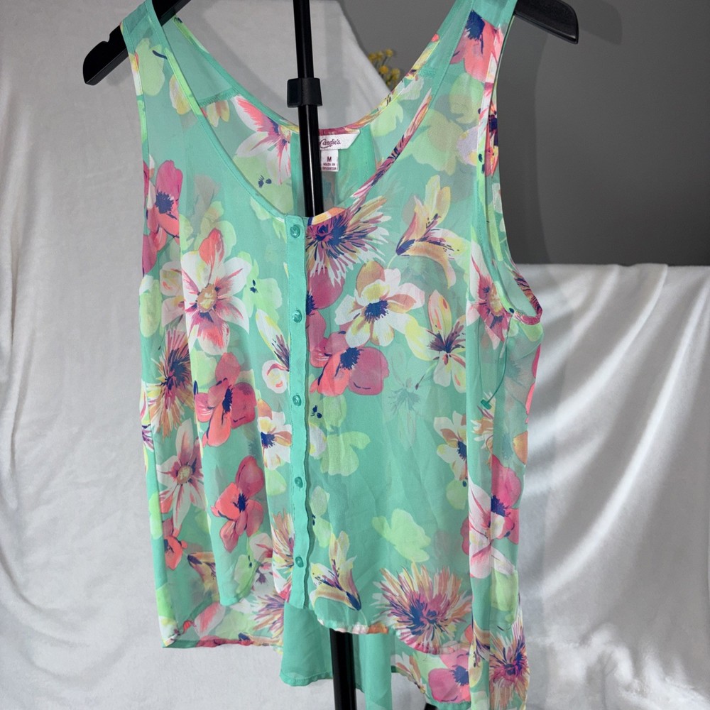Candies Floral Sheer Sleeveless Button Down Shirt Size M Women's EUC Hi Lo Boho