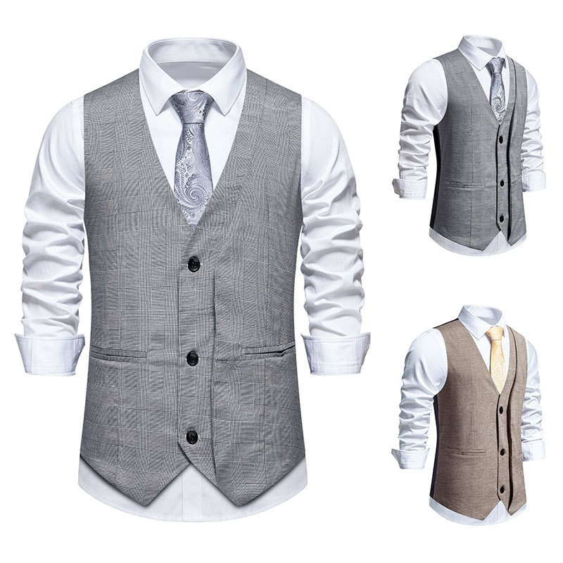 Houndstooth Men's Dresses Suit Vests V Neck Wedding Formal Business Waistcoats