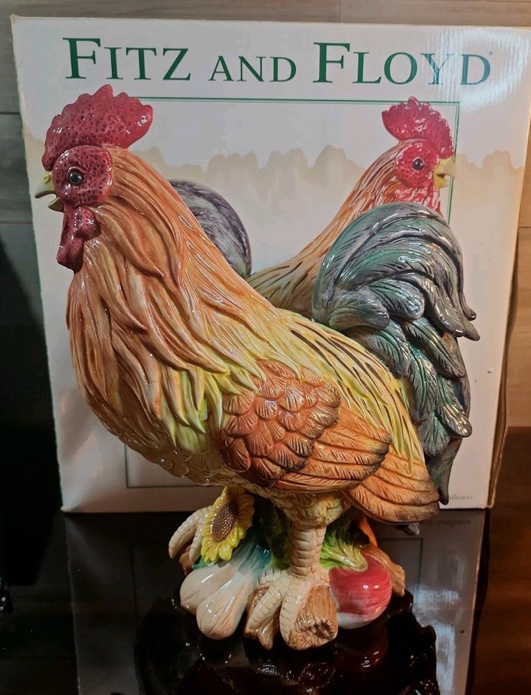 Vintage Fitz and Floyd Large Ceramic Rooster W/Sunflower With Original Box 14.5