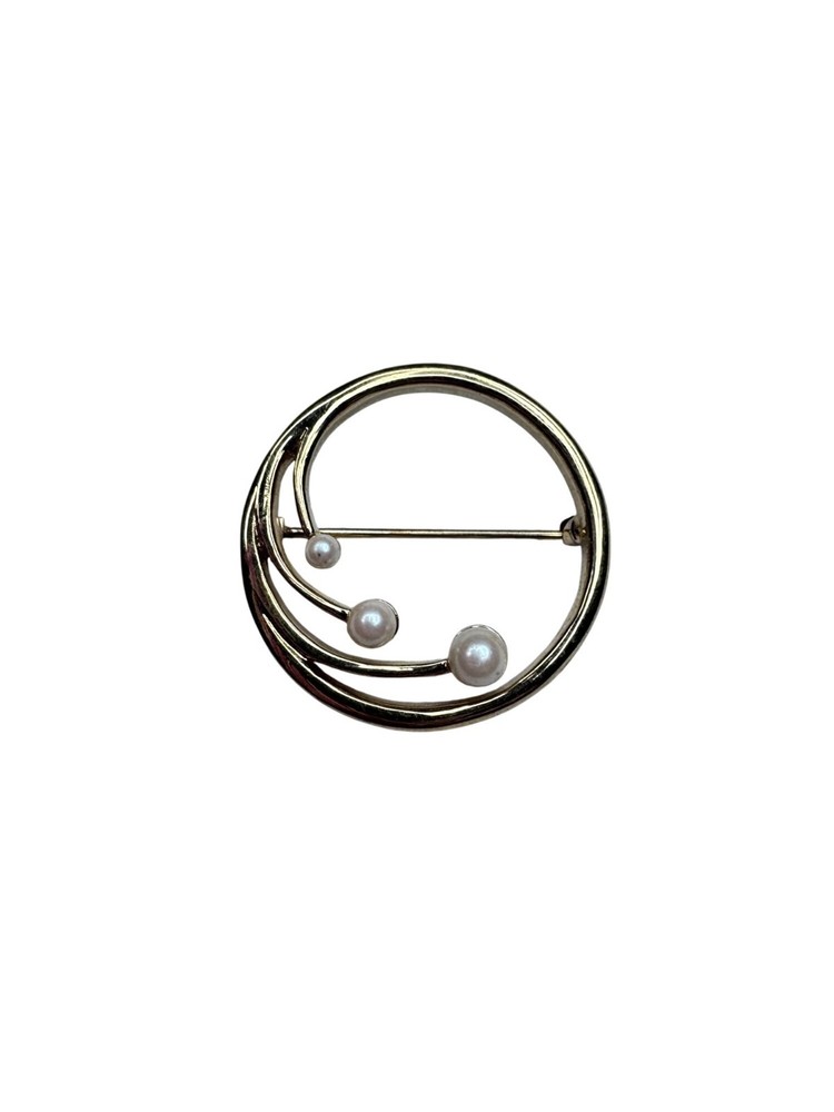 Monet Brooch Gold Faux Pearl Modernist Circle 1980s Vintage