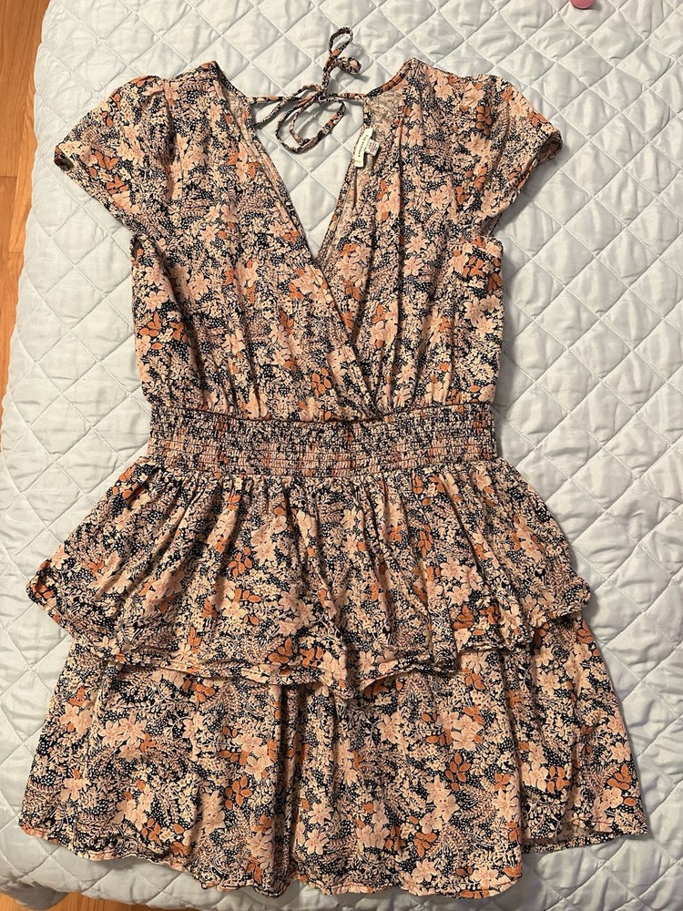 American Eagle Women L Dress Floral Print V-neck Tiered Hem Dress Cottage Boho