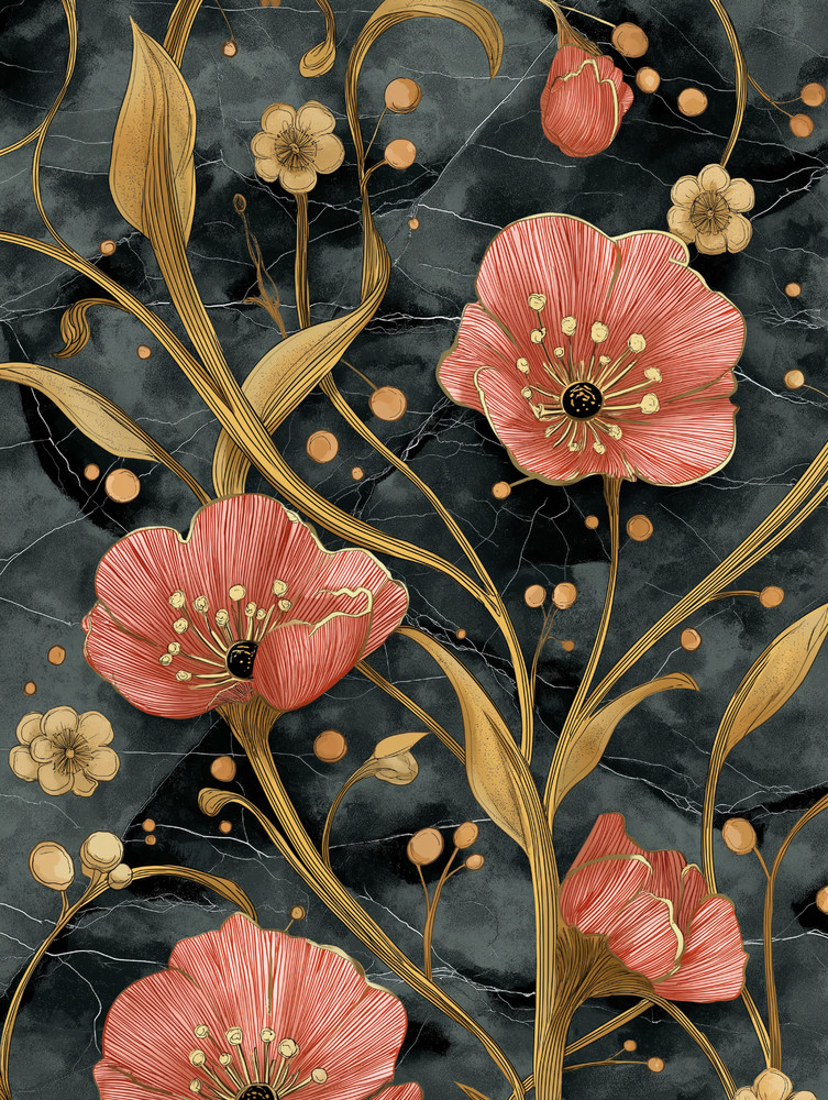 Red Poppy and Gold Floral Art Nouveau Poster 18x24in