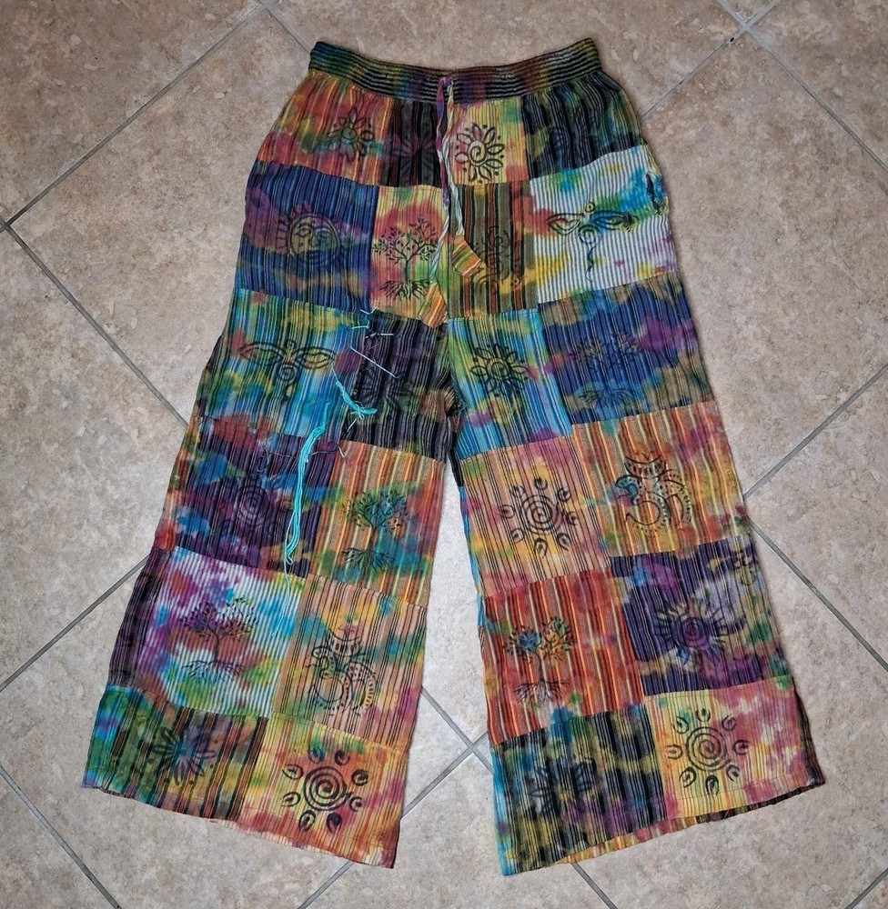 Boho Gypsy Hippie Patchwork Wide Leg Pants Retro Womens Small Festival Palazzo