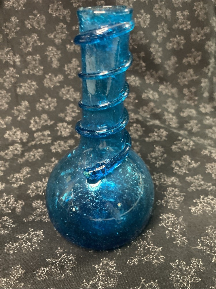 Vintage Mid Century Modern Vase Blue Handblown With Applied Blue Spiral