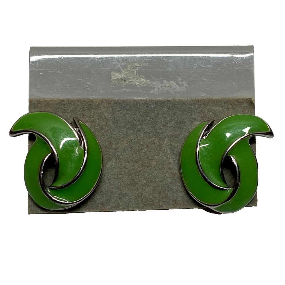 Vintage Earrings Green Acrylic Silvertone Stud Post Jewelry Polished Ribbons NWT