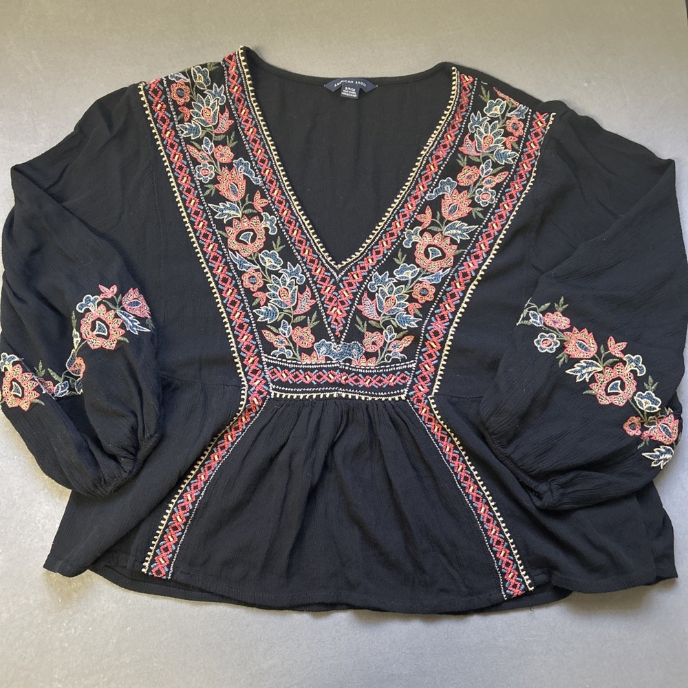 American Eagle Small Boho Embroidered Festival Blouse Black Long Sleeve Peasant
