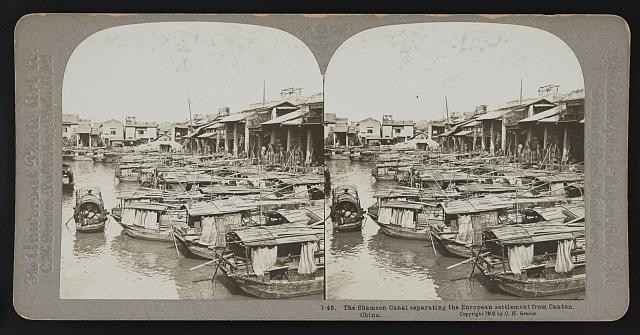 Photo:Canton China 1902 Shameen Canal European Settlement Boats Stereoview