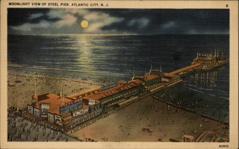 Atlantic City New Jersey Steel Pier aerial full moon night mailed 1941 postcard