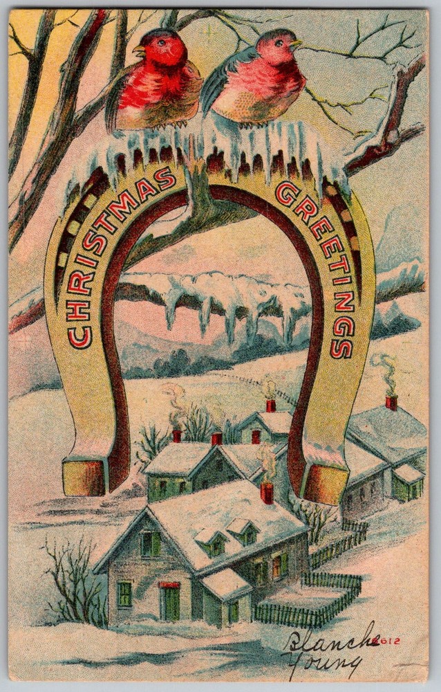Antique Postcard Horseshoe Robins Christmas Greeting 1910s