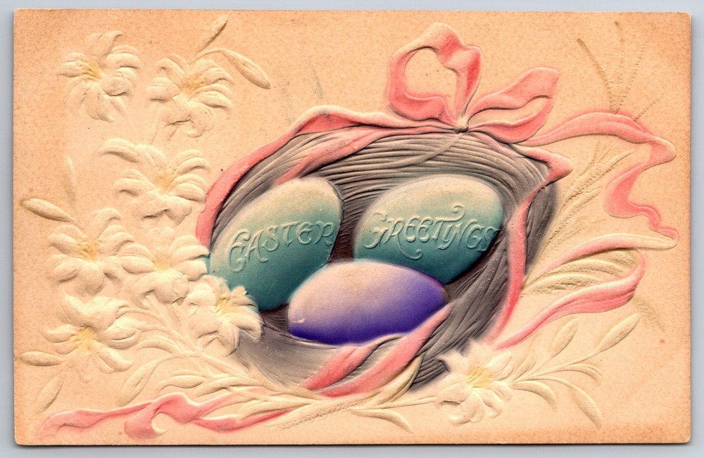 Holiday~Easter Greetings~Basket Of Colorful Eggs~Flowers~Ribbon~1907 Postcard