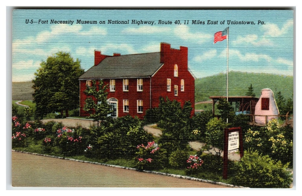 Fort Necessity Museum PA Linen Postcard National Highway Route 40 Stagecoach
