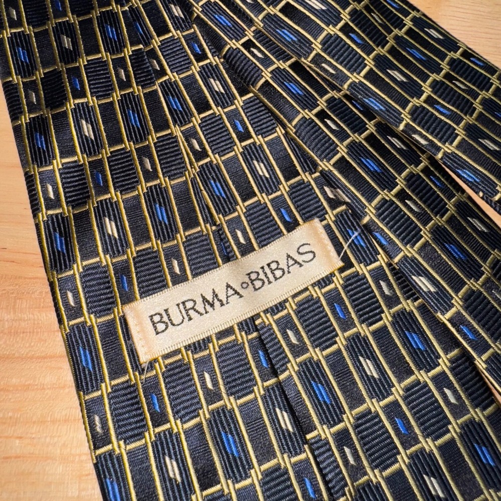 Vintage Burma Bibas Navy Blue Geometric Print Silk Men's Neck Tie Made In USA