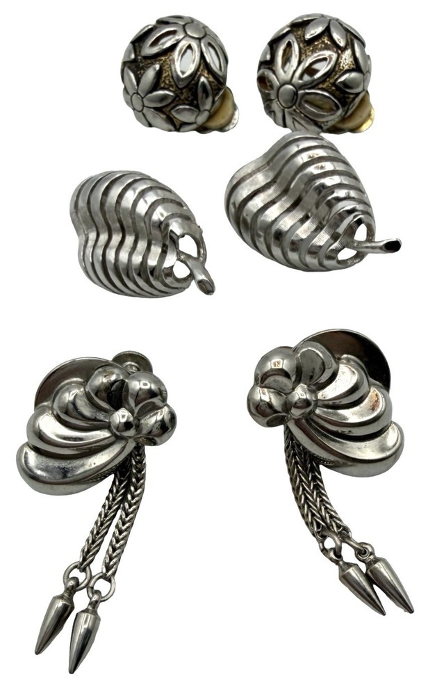 Vintage Clip On Earrings Lot 3 Pairs Silver Tone Dangle Floral Ribbed Retro