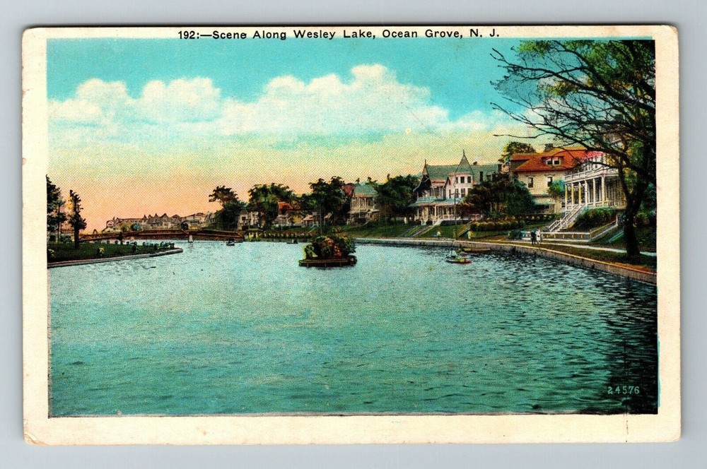 Ocean Grove NJ-New Jersey, Scene Along Wesley Lake, Vintage Postcard