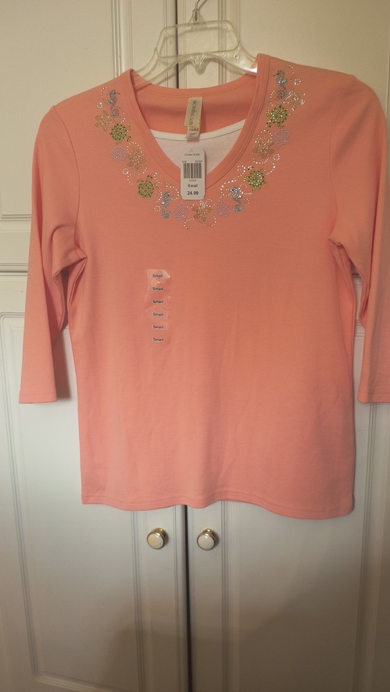 NWT Morning Sun Coral Peach Jeweled Womens Small Bust 36 3/4 Sleeve Blouse M2