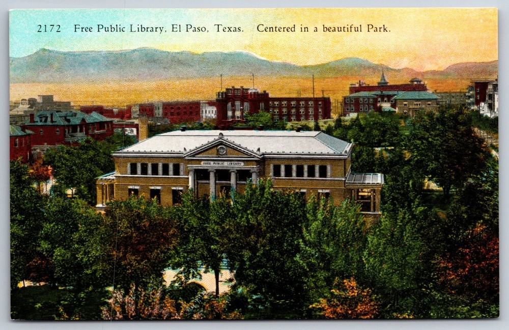 El Paso Texas~Free Public Library Birds Eye View~American Art Vintage Postcard