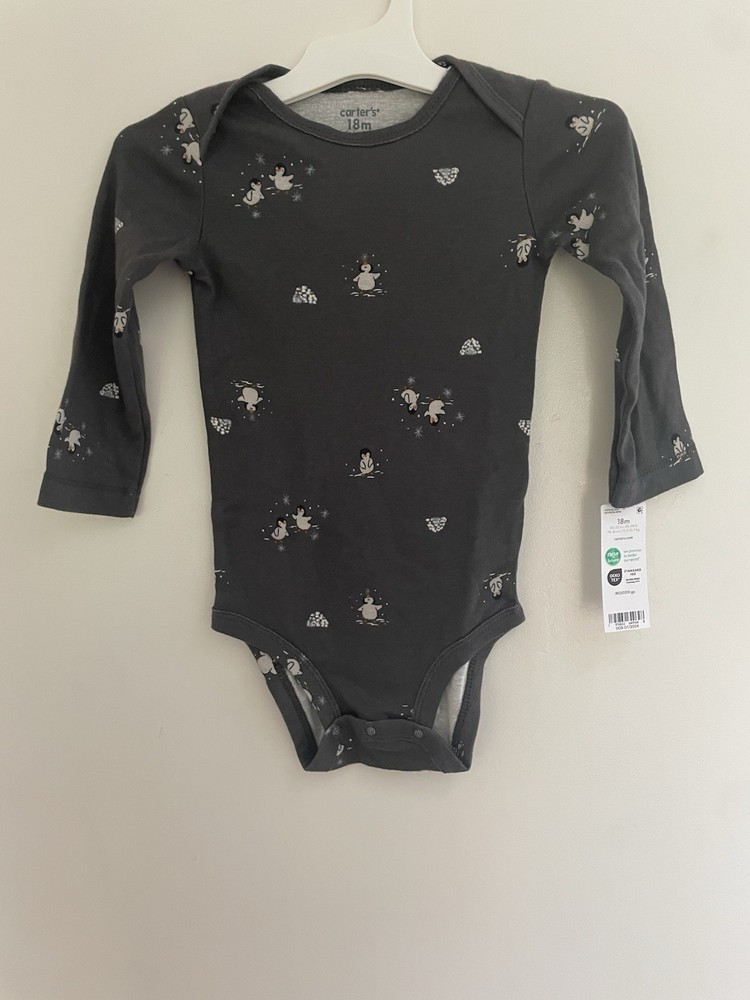 Carter's Baby Boys Cute Penguins 100% Cotton Long Sleeve Bodysuit Dark Gray 18M
