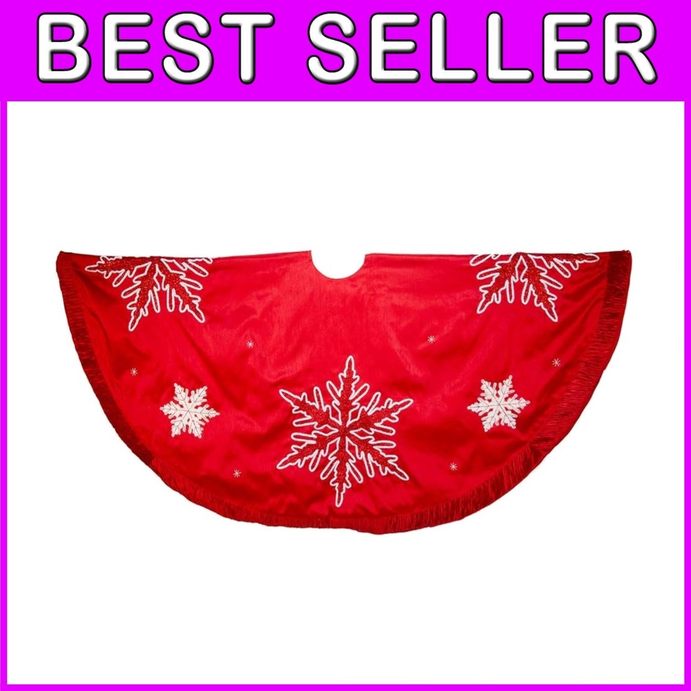 Kurt Adler 60-Inch Red Tree Skirt - Snowflake Embroidered