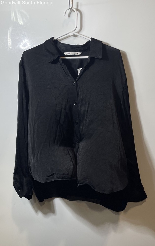 Zara Womens Black Satin Long Sleeve Collared Hi-Low Hem Button-Up Shirt Size XL