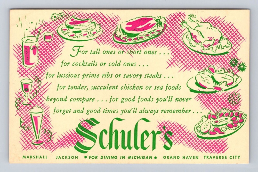 MI-Michigan, Schuler's Restaurant, Advertisement, Antique, Vintage Postcard