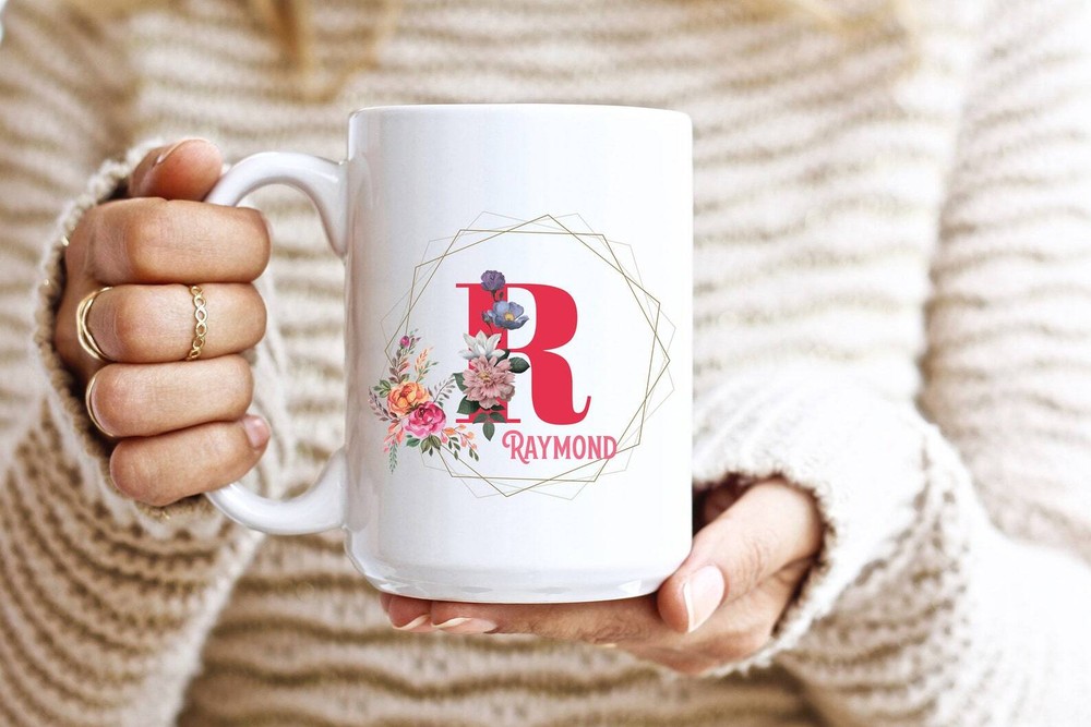 Personalised Name Mug Florar Botanical Frame Coffee Mug Alphabet Mug Gift For