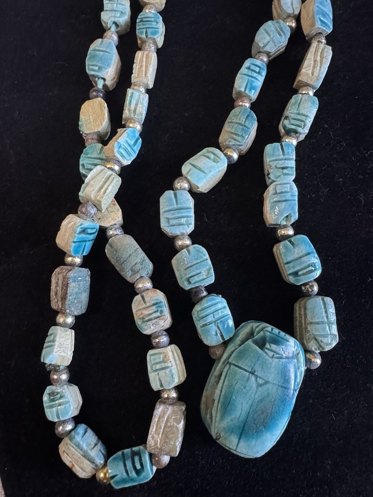 Egyptian Revival Glazed Ceramic Scarab Beetle Necklace Vintage Necklace Jewelry