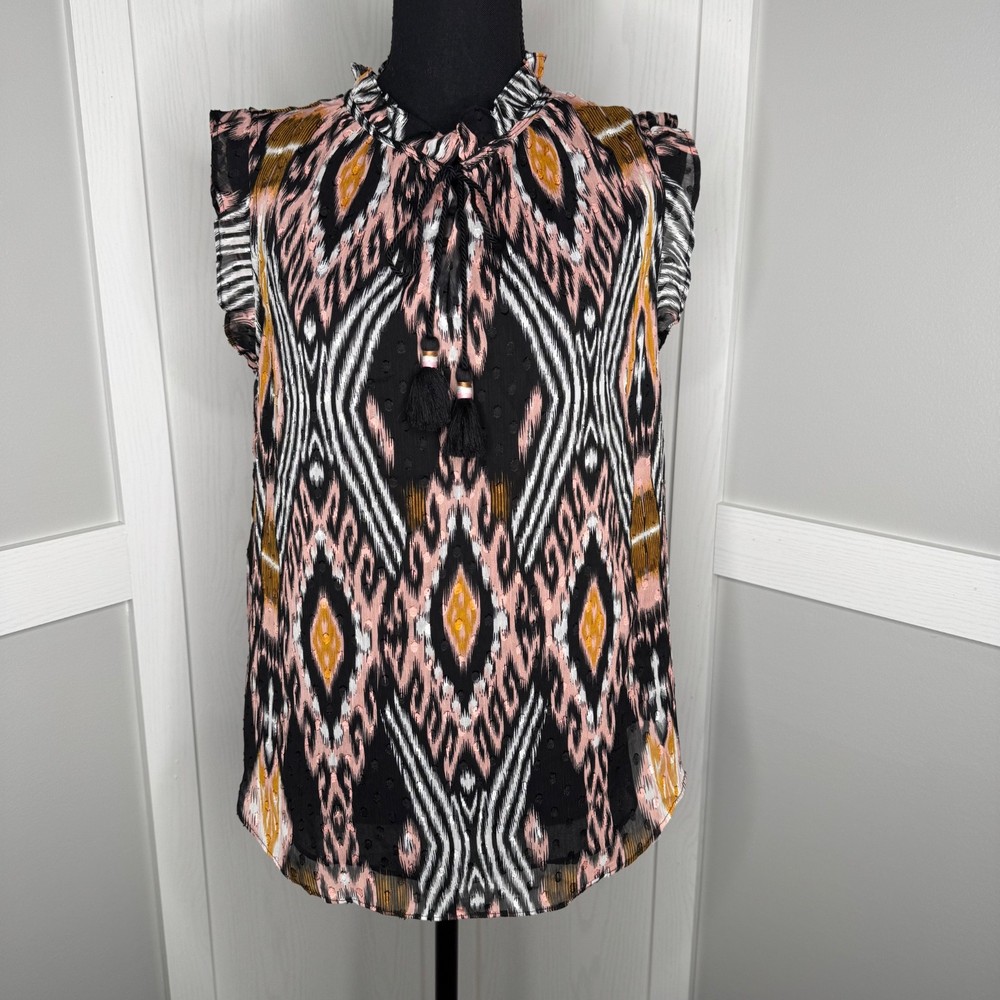 Cupcakes and Cashmere Ikat Tassel Blouse Size Small NWOT Sleeveless Boho Tribal