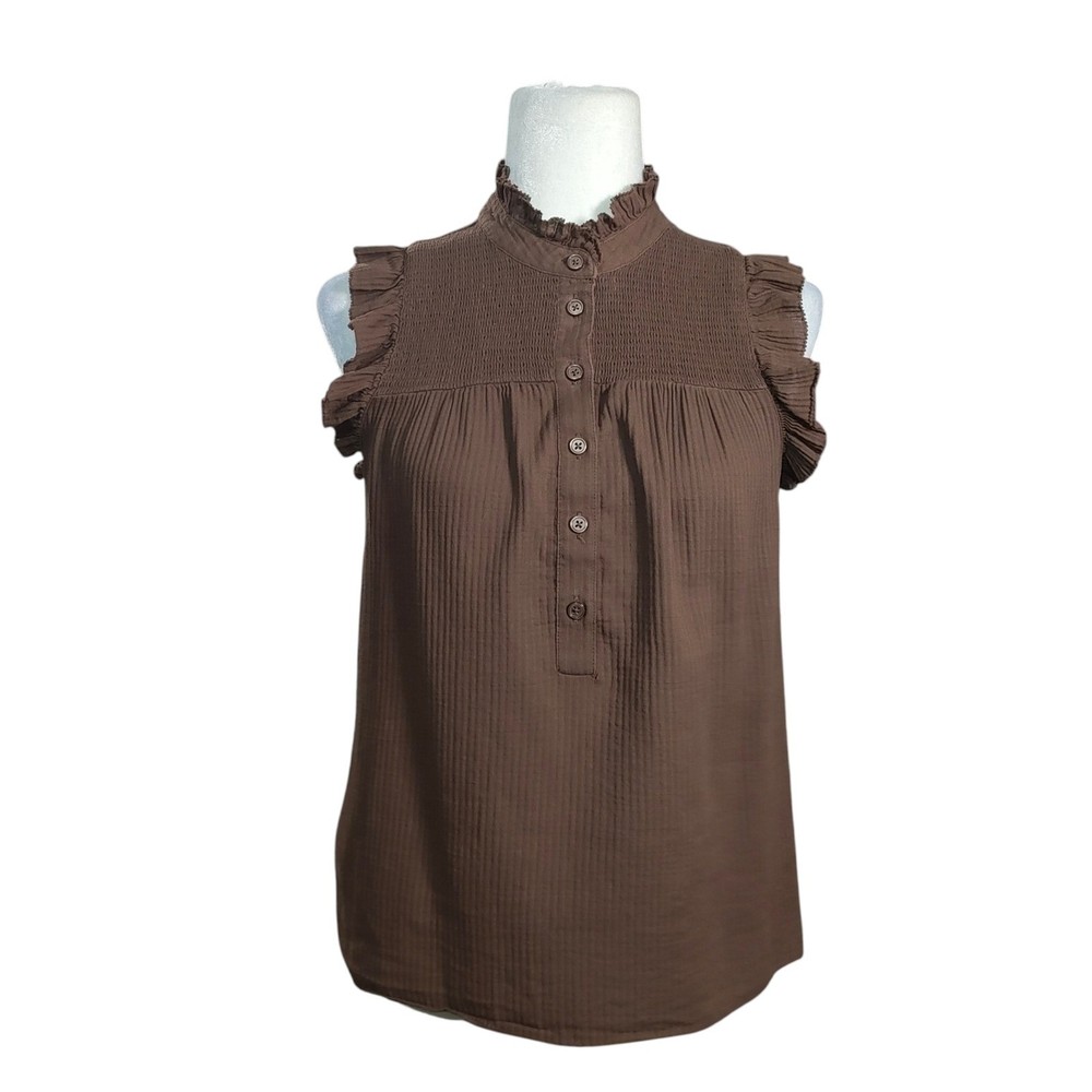 J. Crew Garden Top Soft Gauze Chocolate Brown Smocked Ruffle Sleeveless Size XS