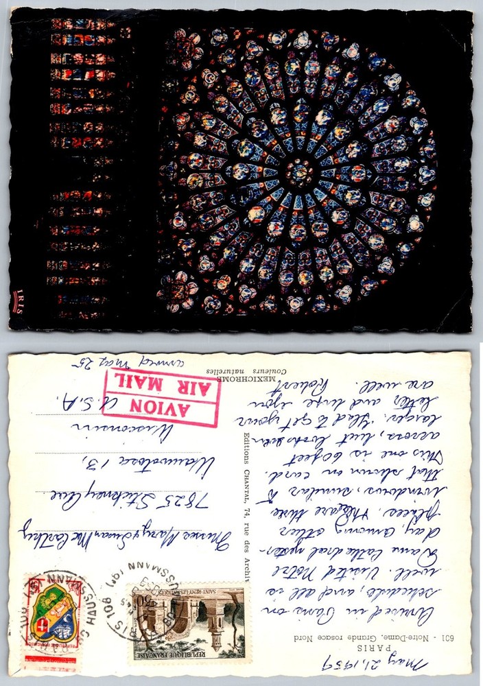 1959 Notre Dame Paris North Rose Window Postcard France to Wisconsin