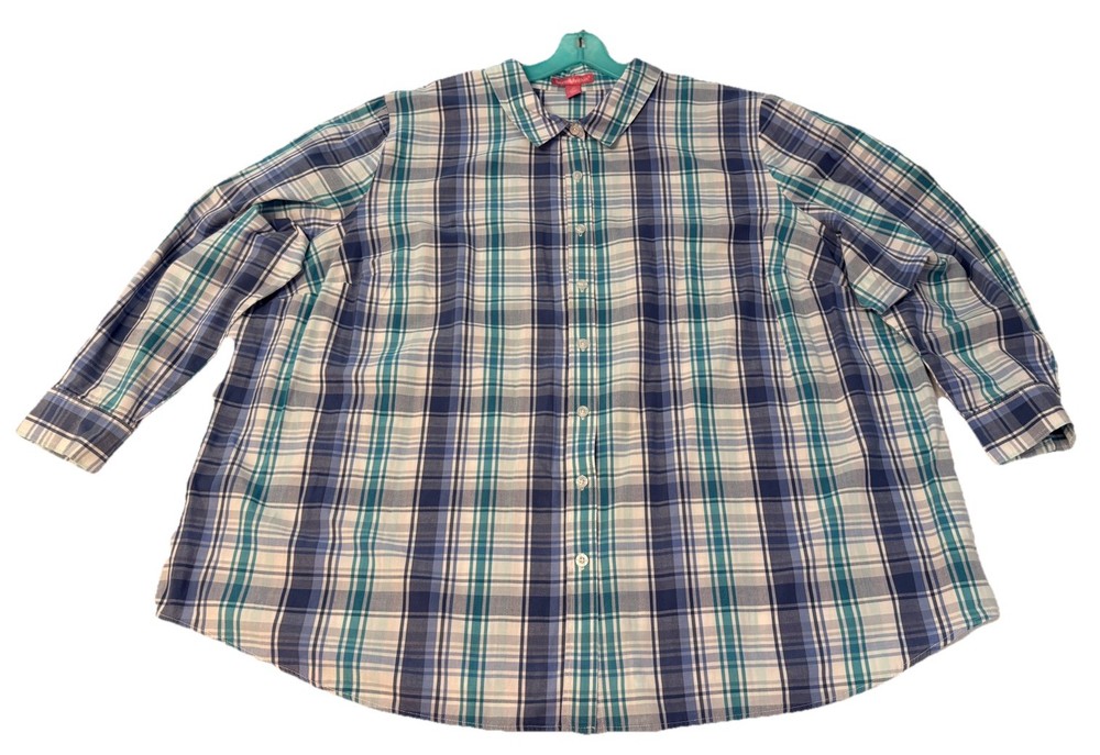 WOMAN WITHIN Women 3X 30/32 Plaid Button Up Shirt Long Sleeve Green Blue White