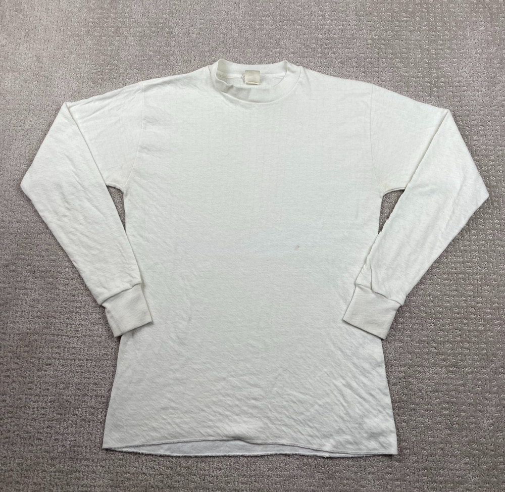 Vintage 60s Medallion T Shirt Mens Large Solid White Long Sleeve Crewneck USA