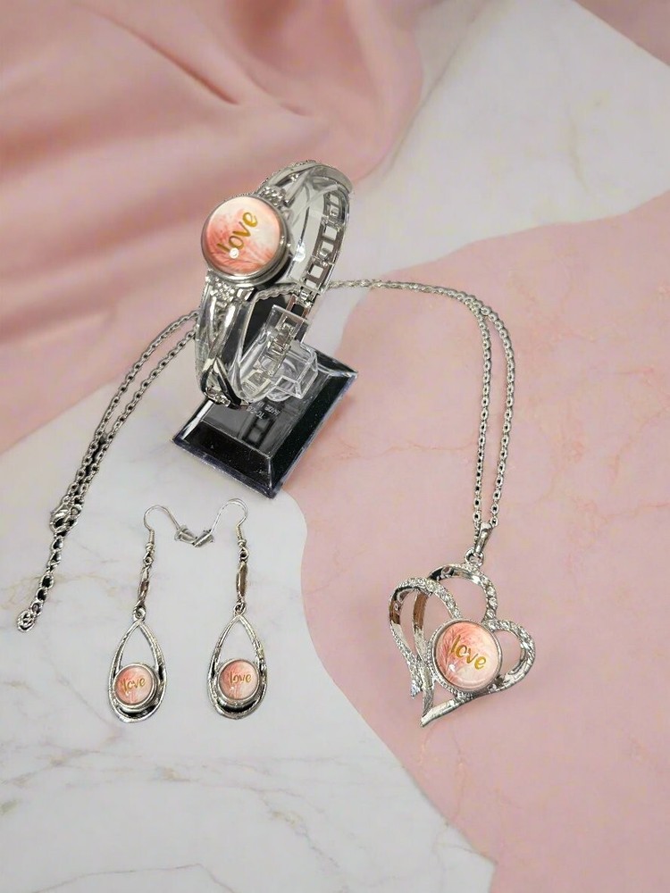 Pink Love Feather Snap Button Jewelry Trio Set Necklace Bracelet Earrings  