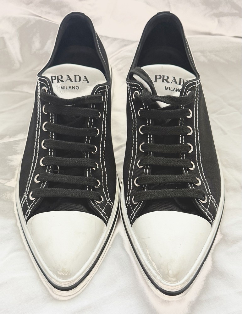 PRADA Milano Black White Canvas Sneakers Lace Up Logo Men's Casual Shoes