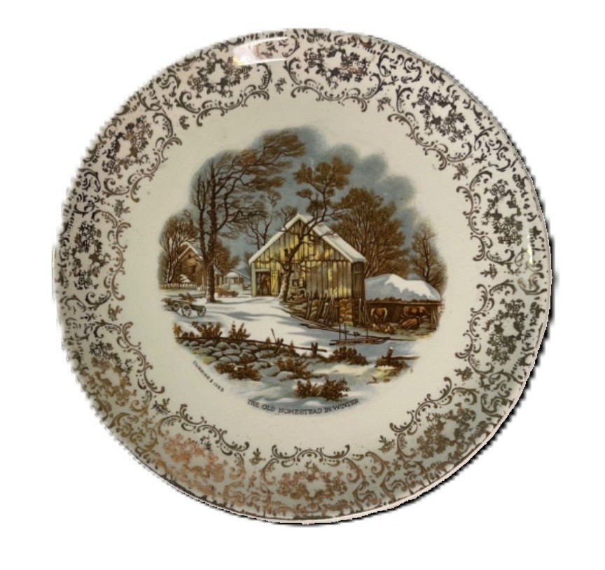 Vintage Homer Laughlin Currier and Ives Filigree Plate Old Homestead in Winter